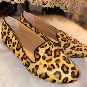 Used J Crew slip on leather/animal fur shoes